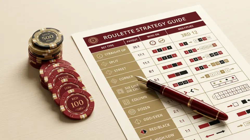Roulette payout chart for inside bets and outside bets