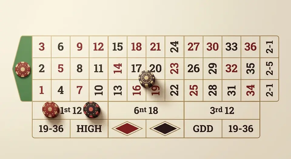 James Bond roulette betting layout covering 25 of 37 numbers