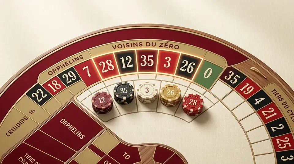 Neighbours bet on a French roulette racetrack covering five adjacent wheel pockets